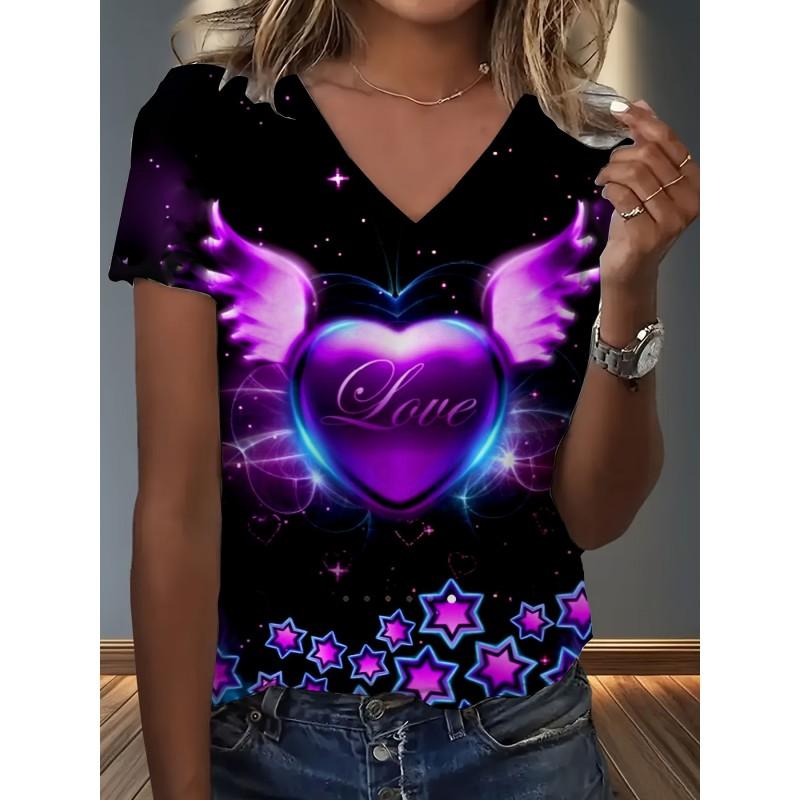 Womens V-Neck Loose Fit Short Sleeve T-Shirt With Colorful Geometric Starry Print Casual Top