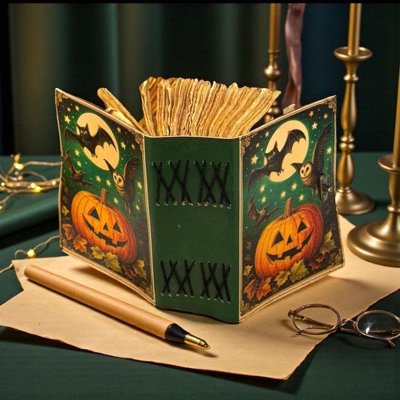 Pumpkin Leather Journal, Vintage -Lantern Spellbook, Witchcraft Grimoire with Bats & Moon, Handmade Deckle Diary