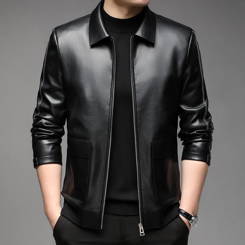 Men's soft leather jacket spring new middle-aged and elderly dad wear business casual leather jacket for men