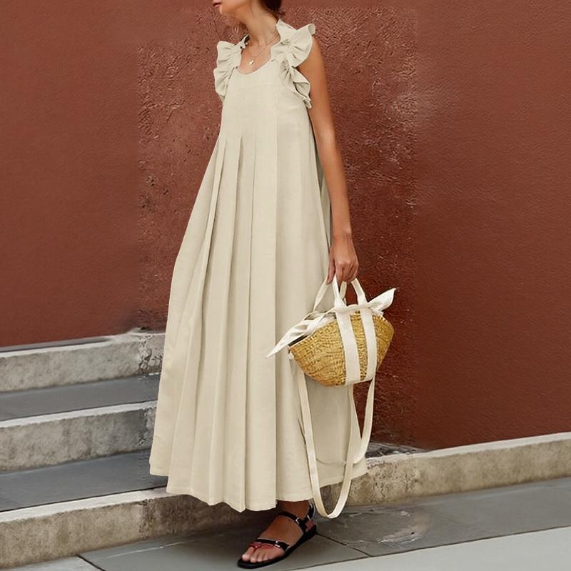 ZANZEA Women Elegant Casual Round Neck Loose Ruffles Splice Holiday Long Dress L