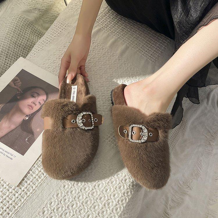 Mao Mao Hausschuhe Damen 2025 neu Frühling und Herbst Winter Oberbekleidung beliebte Internet-Prominente dicke Sohle Plüsch Taschenkopf Halbschuhe Baumwolle dr