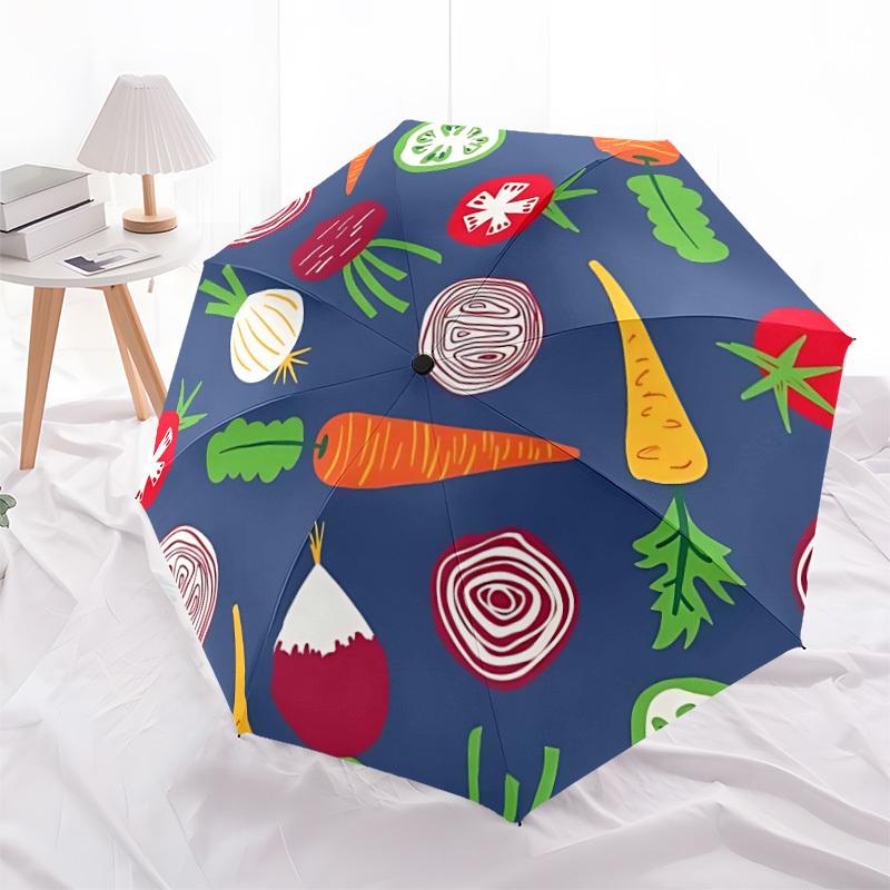 1pc Vegetables Pattern Auto Open/Close Umbrella with One-Touch Button, Compact Folding Canopy, Sturdy 8-Rib Windproof Design 005
