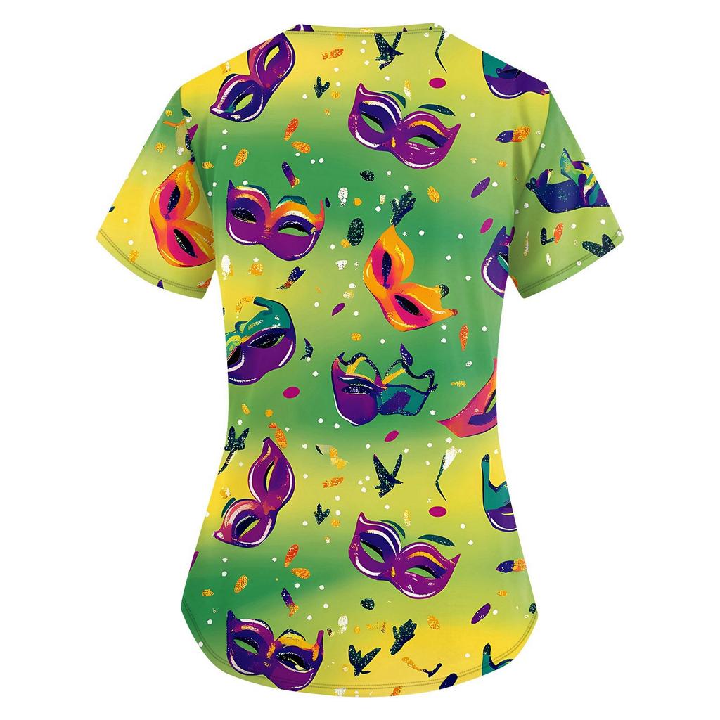 Women's Fashion V-neck Short Sleeve Workwear With Pockets Printed Tops