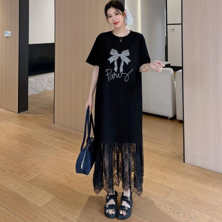 Premium Niche Lace Splicing T-shirt Dress Women's Super Hot Good-looking Loose Casual and Thin Age-reducing Fishtail Dress