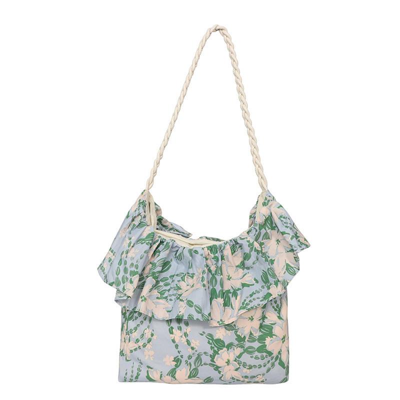 Casual Tote Bag With Floral Print And Ruffle Edges For Beach And Day Trips