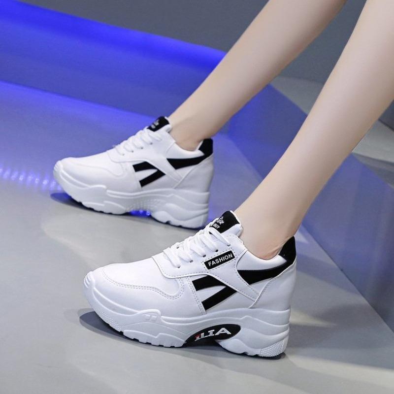 Inner Heightening Shoes Muffin Sole Sneakers New Lace-up Thick-soled Leather Surface White Shoes Heightening Fashion Casual Shoes