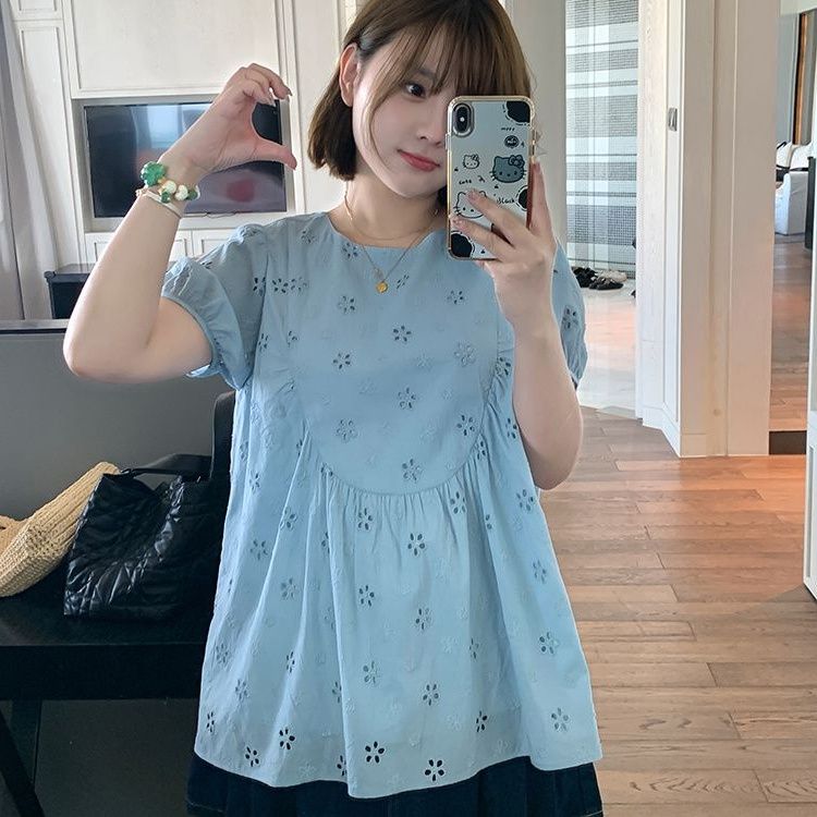 

Blue Women s T-shirts Hollowed Out Embroidery Design Round Neck Tees Loose Casual Versatile Ladies Clothing XXL синій