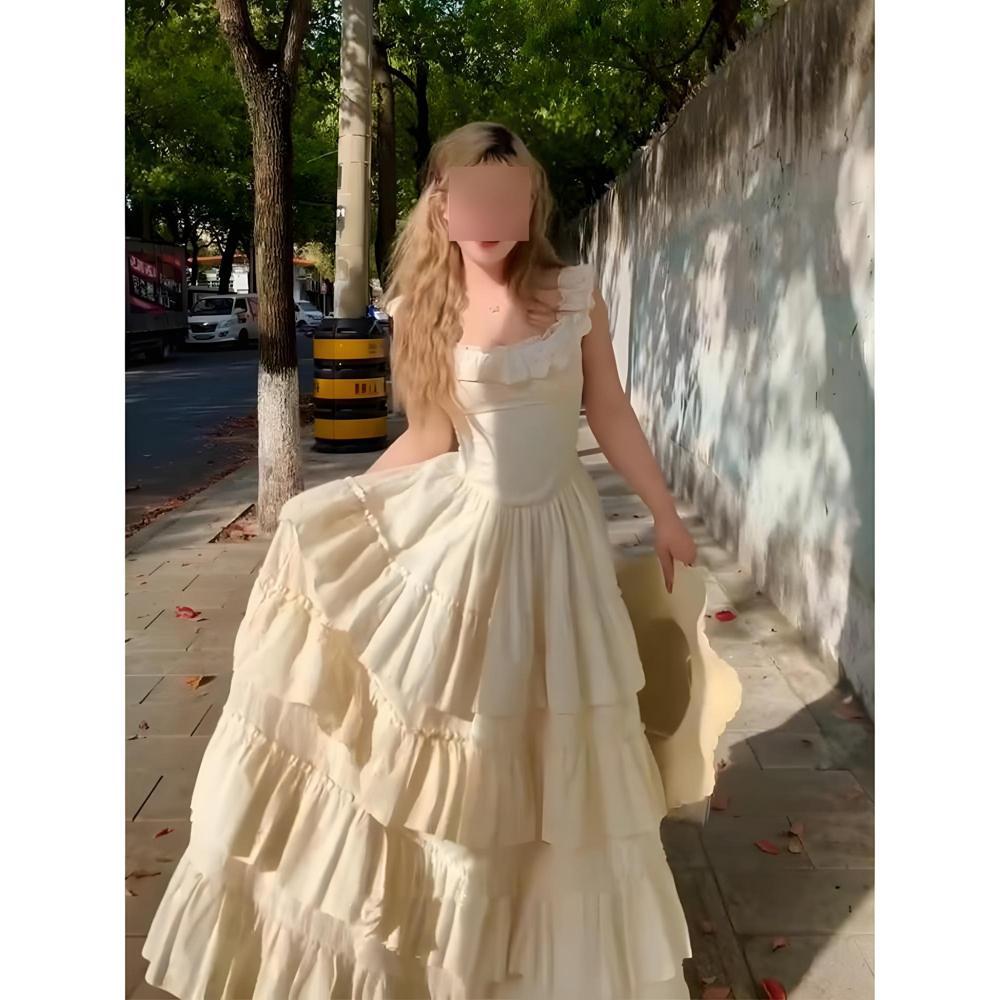 Xiaofei Sleeve Suspender Dress Women's Summer Seaside Vacation Birthday Princess Dress Fluffy Cake Long Skirt