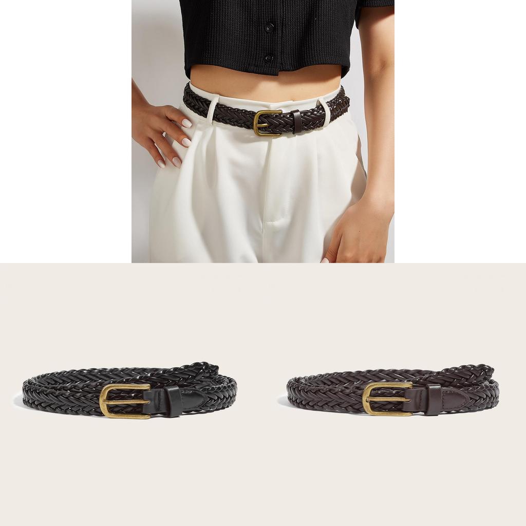 No Ip Womens Wide Woven Pu Leather Belt With Metal Pin Buckle For Casual Fashion Summer Wear