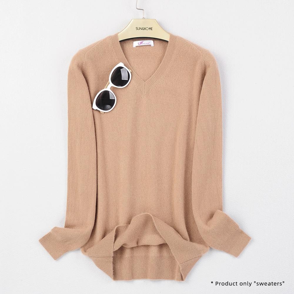 Women's V-neck Cashmere Sweater Warm Long Sleeved Sweater Solid Color