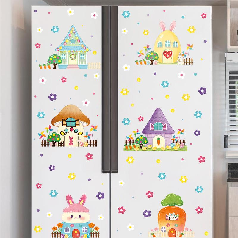 Easter Bunny House Wall Sticker, Kids Room Decor, Flower Window Decal, Self-Adhesive Home Decoration