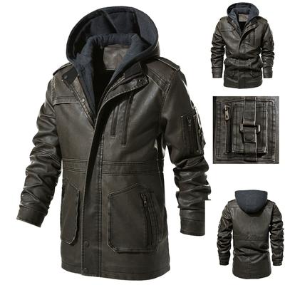 Men's Classic Vintage Mid-Length Leather Coat Men's Mid-Length Coat Hooded Leather Coat US Size