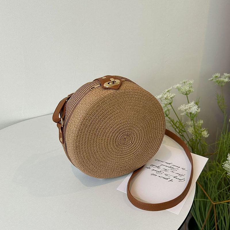 Yogodlns Geantă rotundă de țesut din ratan pentru femei, lucrată manual din frânghie de bumbac, geantă de tricotat de vară, geantă circulară de umăr, geantă de plajă vintage