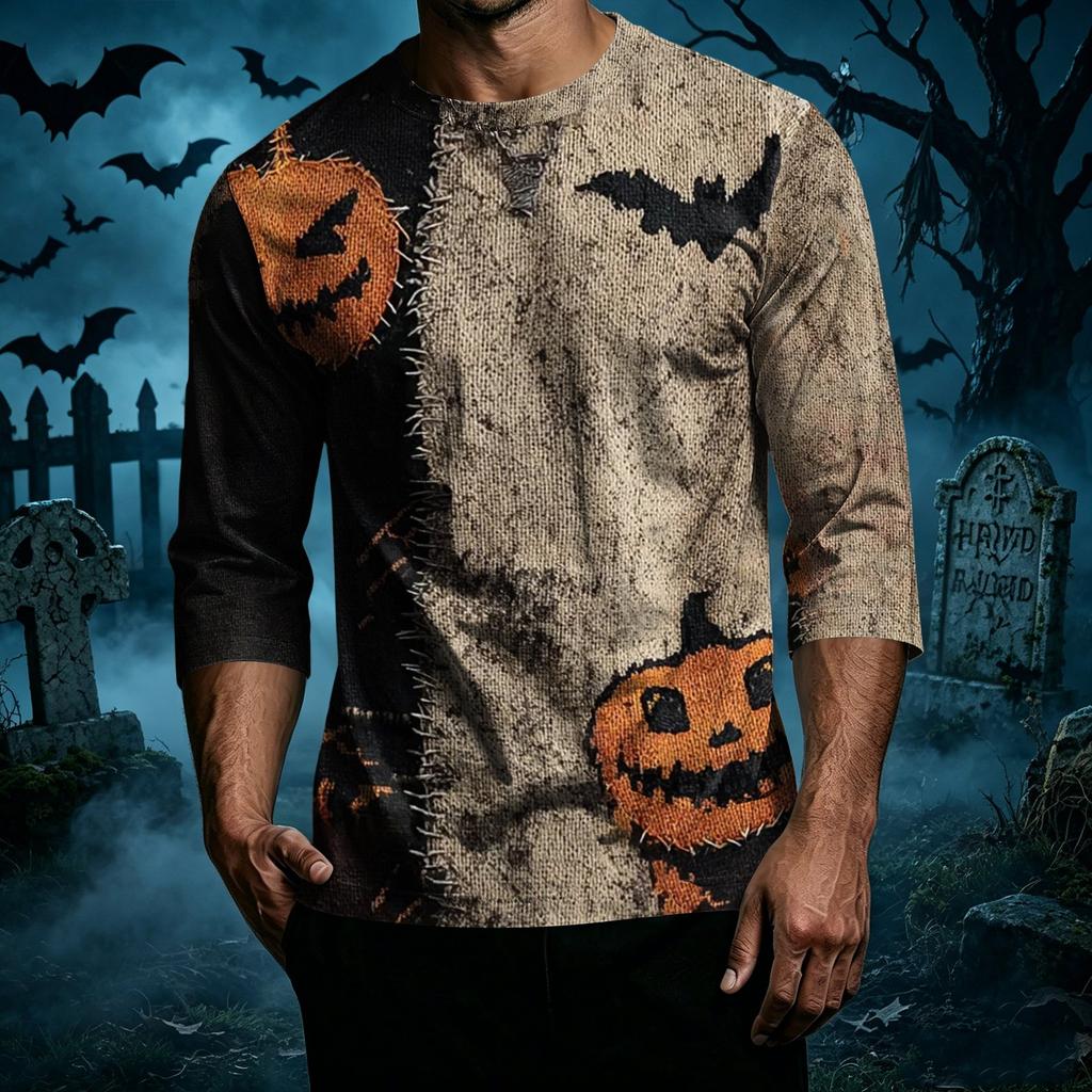 Men Casual Halloween Print Crew Neck T Shirt Three Quarter Sleeve Top Patchwork Style Comfortable Fit Lightweight Fabric