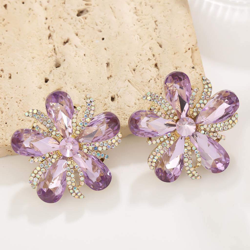 Minimalist Five Petal Flower Stud Earrings With Full Rhinestones Luxury Elegant Party Dance Jewelry For Women