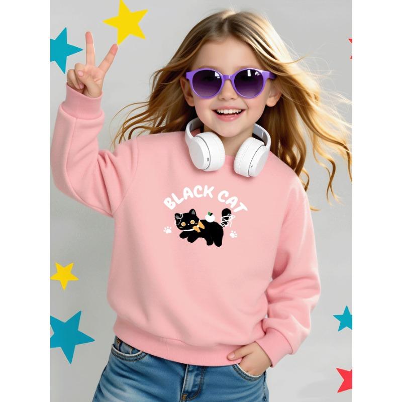 European sizes Girls' Round Neck Fashion Sweatshirt, Black Cat with Apple And Bow, Autumn Winter Trendy Print, Casual And Sporty.