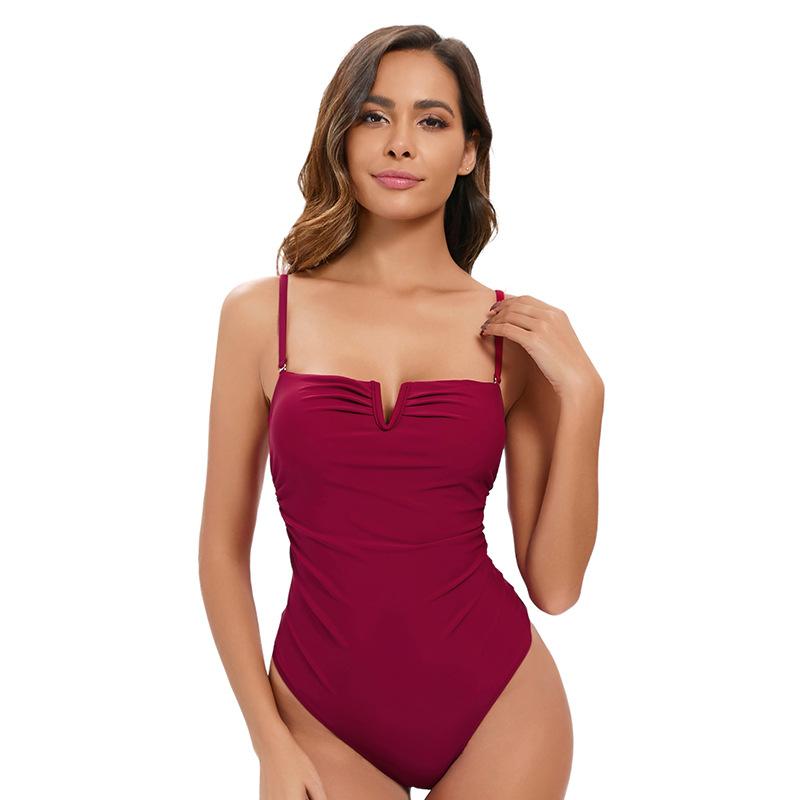 Solid color strap-on one-piece swimsuit women s sexy backless belly cover and thin beach swimsuit S красный
