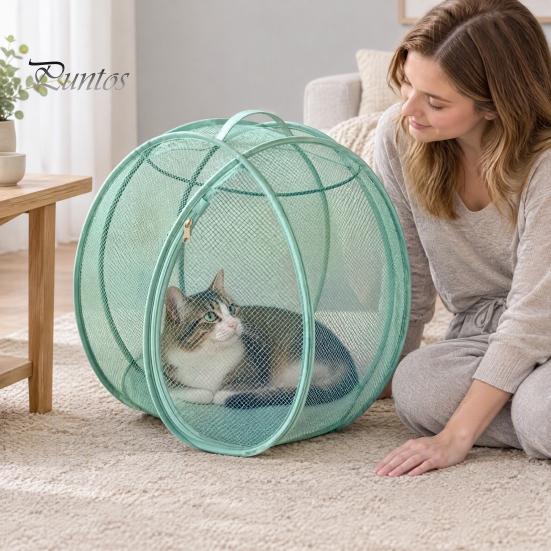 Faltbares Katzenzelt für Camping Pop-Up Rollgehege, Outdoor Katzengehege Spielgehege, Atmungsaktives Netz Haustier Belüftet Kaninchen Bewegungsballkäfig mit Reißverschluss,