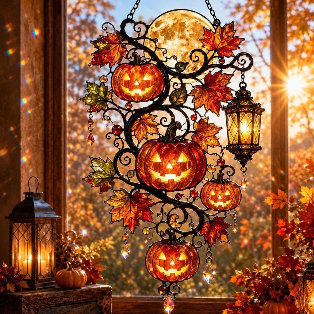 Acrylic 2D Flat Pumpkin Maple Leaf Hanging Ornament: Halloween Window Decoration for Fall Home Styling