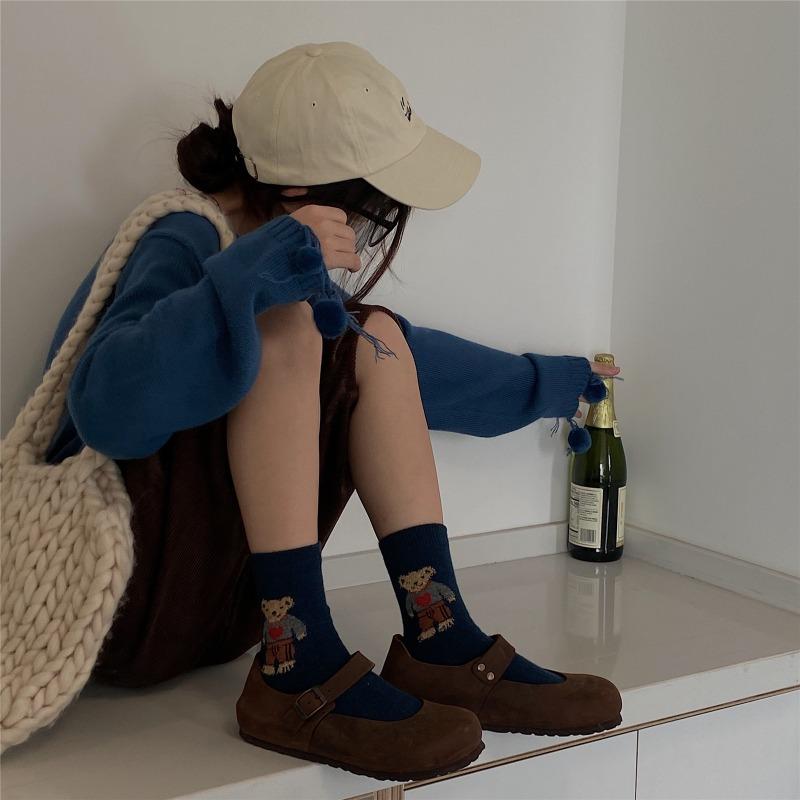 Ladies Autumn Winter Thickened New Sweet Cartoon Bear Wool Medium Tube Pile Socks