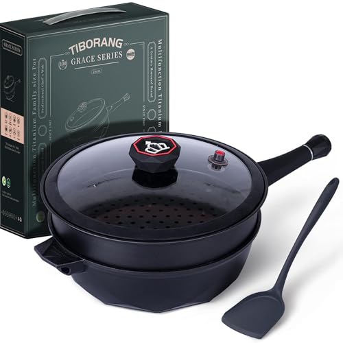 

Tiborang 28cm Deep Frying Pan, Lid, and Steamer Set, Nonstick and Non-Slip, All Heat Sources, Oven, and Dishwasher Safe, Lightweight Design, Easy Clea