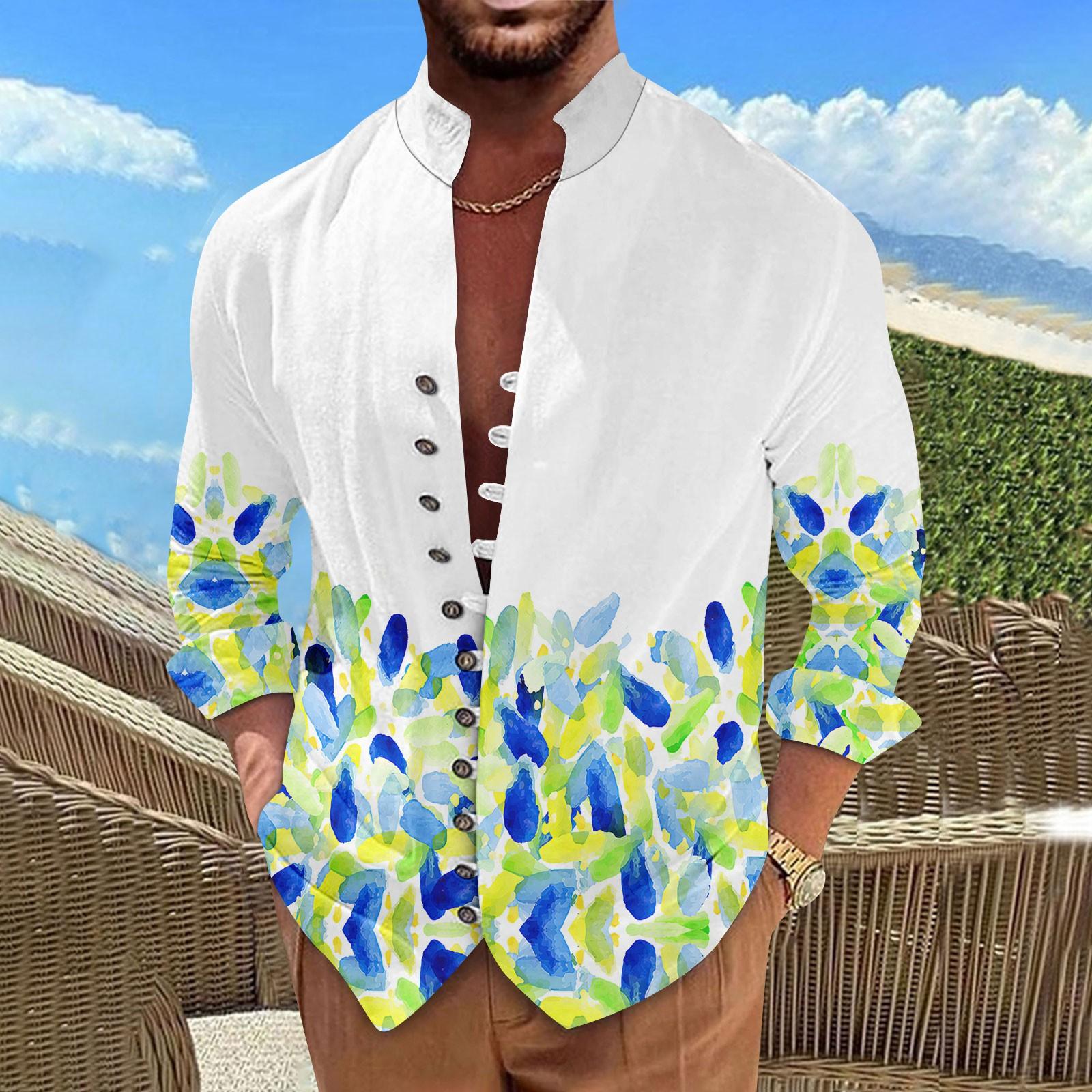 

Мужская ретро повседневная свободная рубашка с длинными рукавами и принтом, модный топ с воротником-стойкой M зелёный