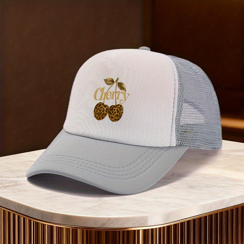 Leopard Cherry Print Trucker Hat Mesh Adjustable Baseball Cap Casual Summer Unisex