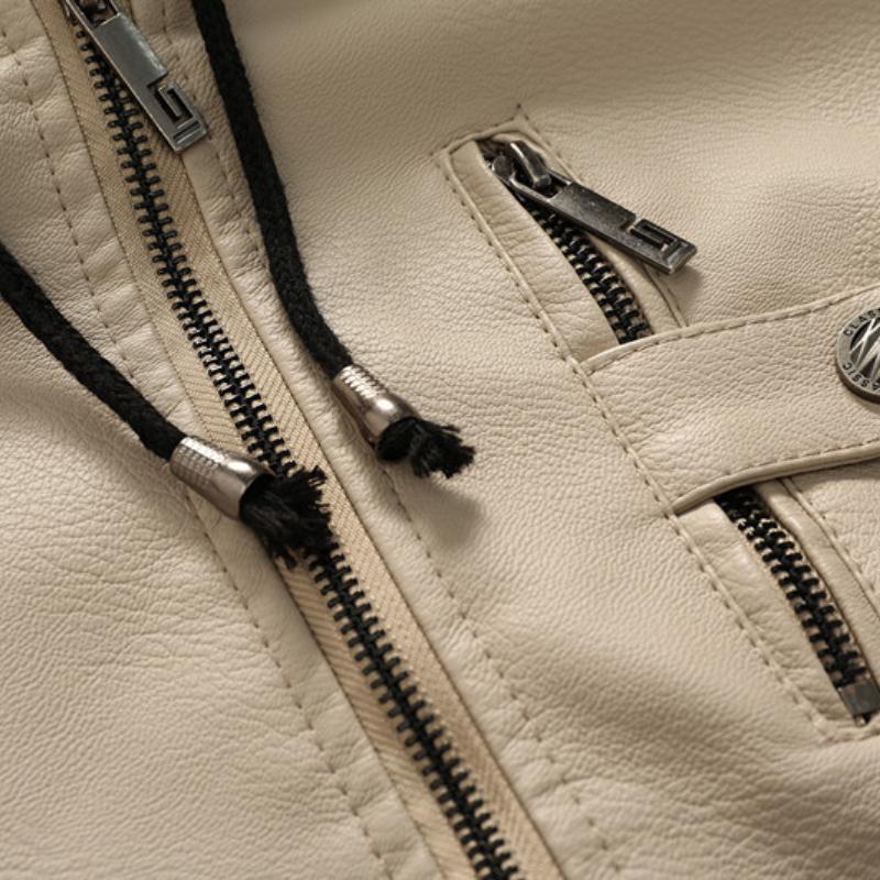 Giacca da uomo in pelle con cappuccio in velluto, modello autunno e inverno, con colletto alto, moda casual, tasche con cerniera