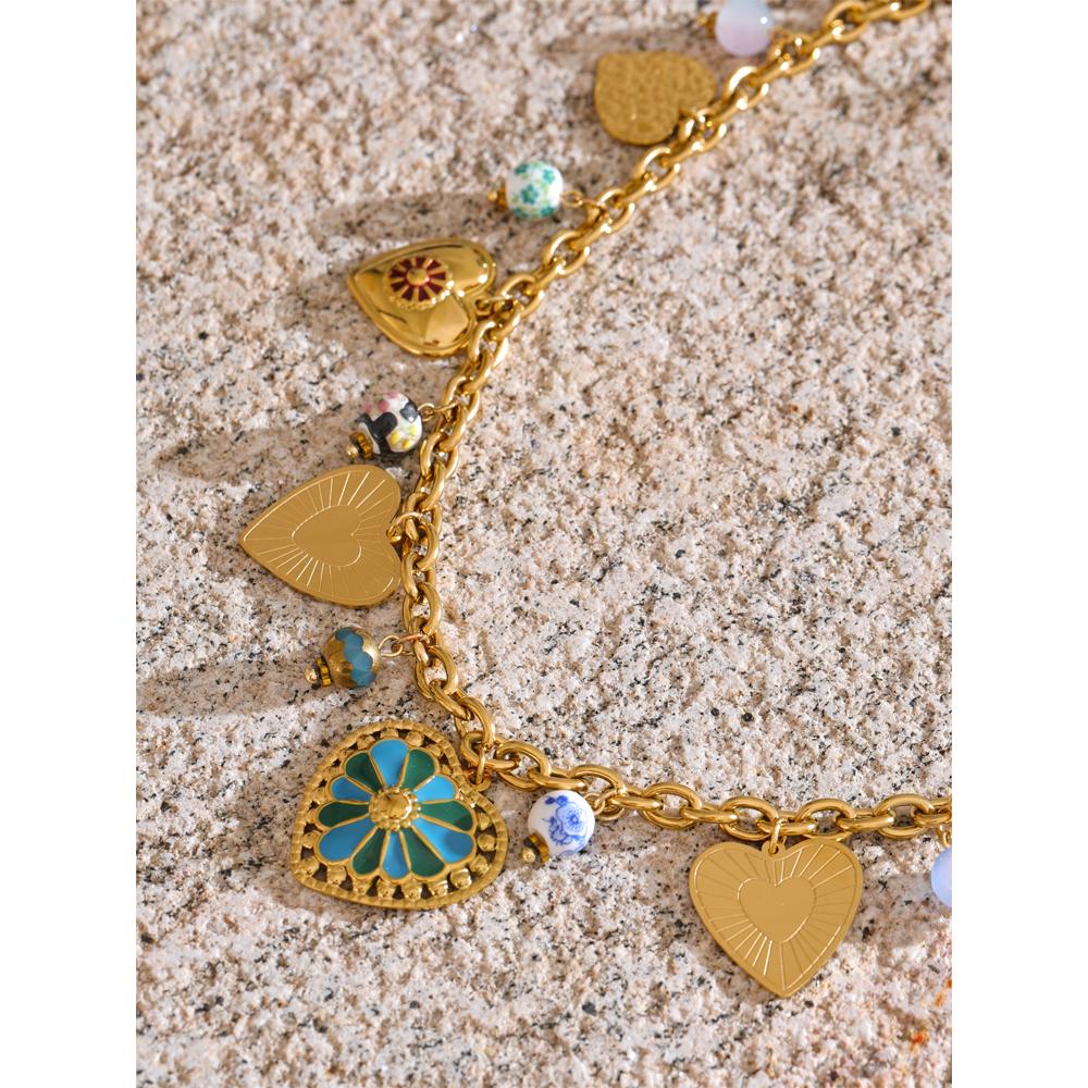 Yhpup 2025 Exquisite Stainless Steel Ceramic Beads Heart Love Drop Necklace High Quality Golden Charm Jewelry Recommend