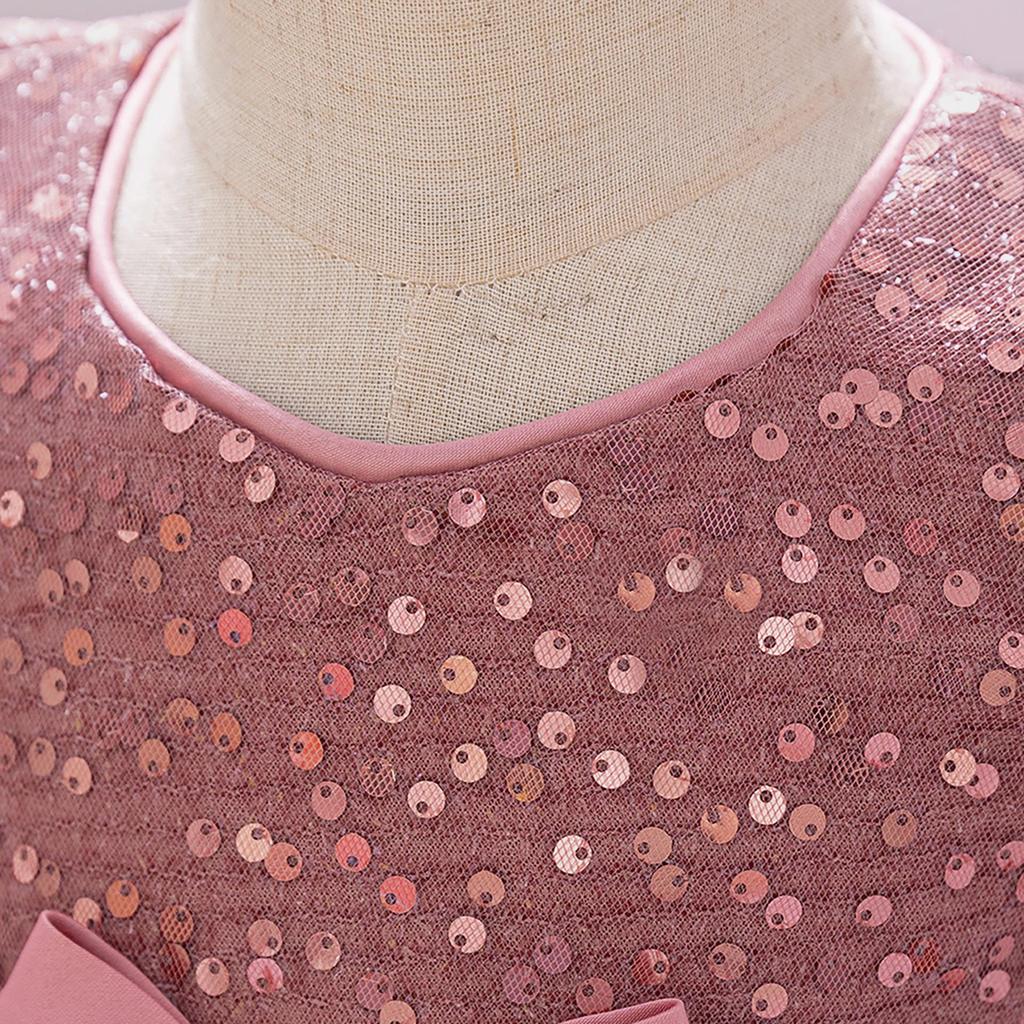 New European & American 1-Year-Old Girls' Bow Princess Dress with Puff Sleeves & Sequined Skirt