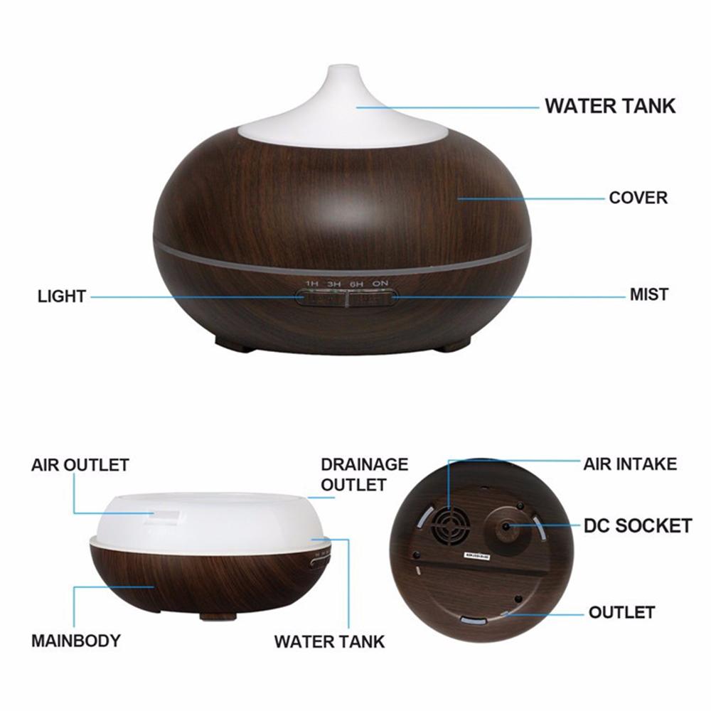 300 ml Aromaterapi Yağ Difüzörü Hava Nemlendirici Ahşap Tahıl 4 Zaman Seti Ultrasonik Serin Mist AROMA YAYICI Led Işık Humidificador