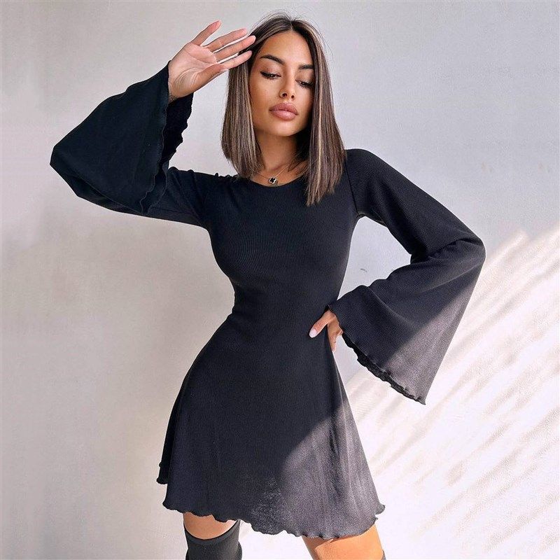 

Sexy Dress Flare Sleeve Hollow Lace Aline Short Skirt Women Black S
