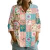Women Button Front Patchwork Blouse Three Quarter Sleeve Loose Fit Shirt with Collar and Mixed Print Design Casual Top