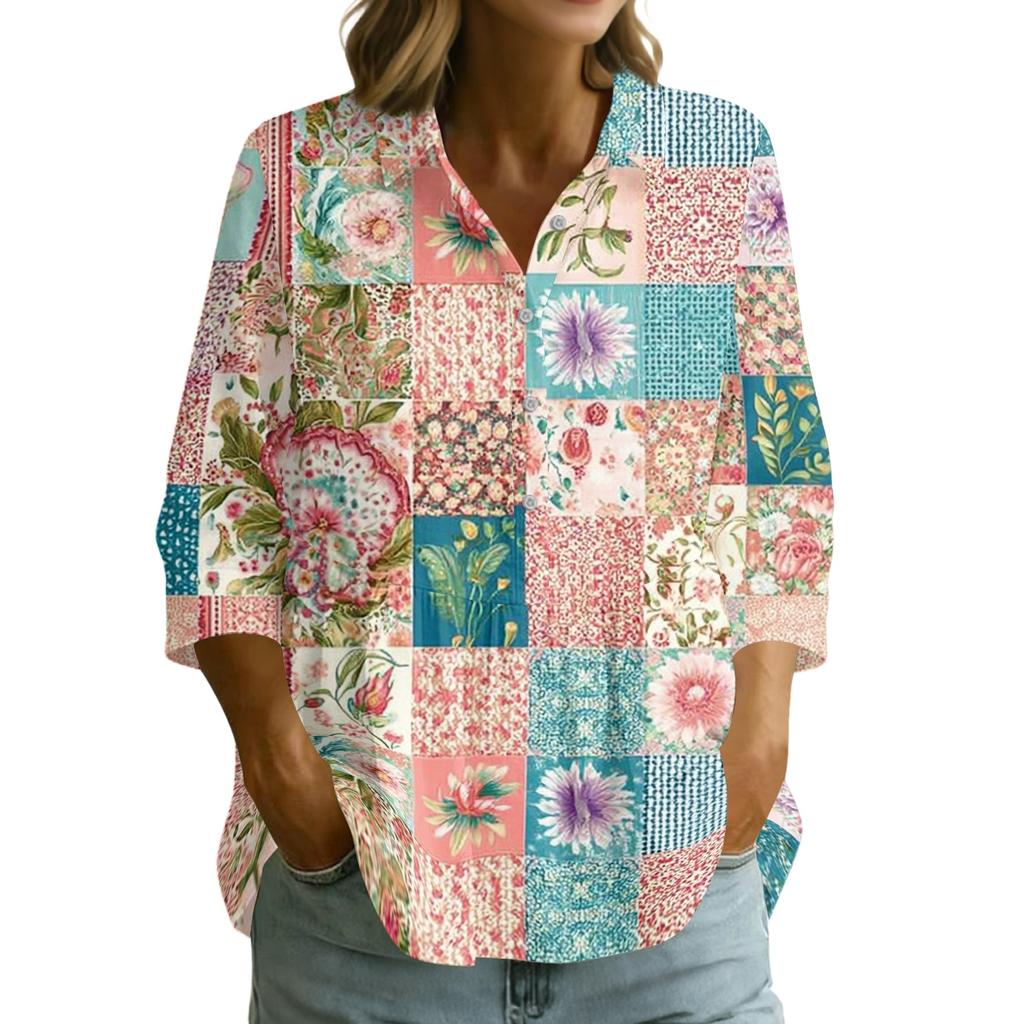 Women Button Front Patchwork Blouse Three Quarter Sleeve Loose Fit Shirt with Collar and Mixed Print Design Casual Top