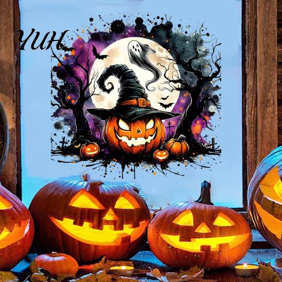Halloween Window Clings Static Clings, Watercolor Pumpkin Ghost Skull Decals, No Removable Glass Decorations Glue Stickers for Living Room Store Front