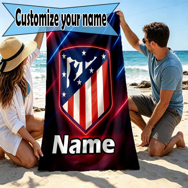 Custom Name Personalized Atletico Madrid Print Beach Towel, for Trip Camping Beach Party Home Decor, Birthday Gift for Family & Friends
