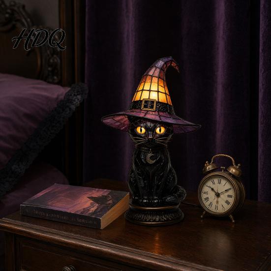 Halloween Room Decor Witch Hat Lamp Stained LED Light Table Lamp with Warm Glow Gothic Reading Nook Night Light for Bedroom Mantel Bookshelf