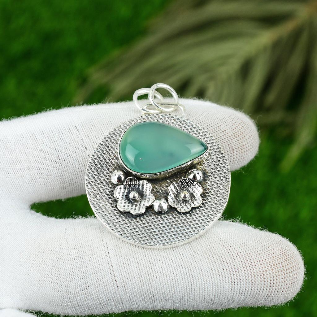 Natural Onyx Gemstone Pendant Green Handmade 925 Sterling Silver Indian Jewelry