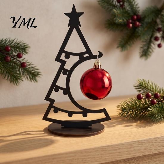 Small Holiday Decor for Office Christmas Tree Table Decoration, Metal Line Art Sculpture with Hollow Ornaments Red Ball Ornament Xmas Party