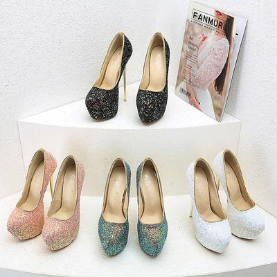 Luxury Sexy Size 34 43 44 45 Bling Sequins High Heels Pumps Platform Fashion Striptease Women's Heel Shoes Summer Slip-On 2024