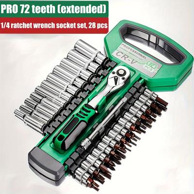 28-teiliges Steckschlüssel-Set 1/4", CR-V metrische Stecknüsse mit Schnelllöse-Ratsche, Steckschlüssel-Set für Autoreparatur