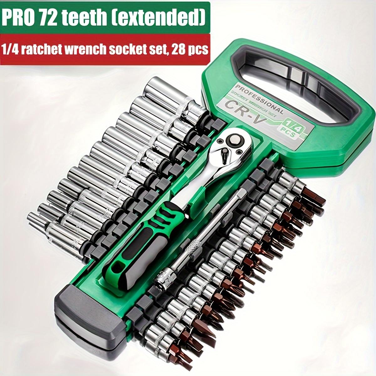 

Набор из 28 предметов трещоточной торцевой головки CR-V, метрические головки с быстросъемной трещоточной рукояткой для использования при техническом обслуживании автомобилей зелёный