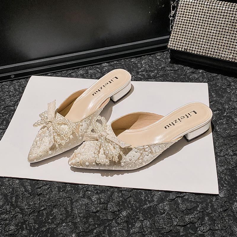 Summer New Shoes for Women Beautiful Slipper Pointed Toe Pearl Bowknot Casual Sandals Girl Match Dress Heels Mules Slides