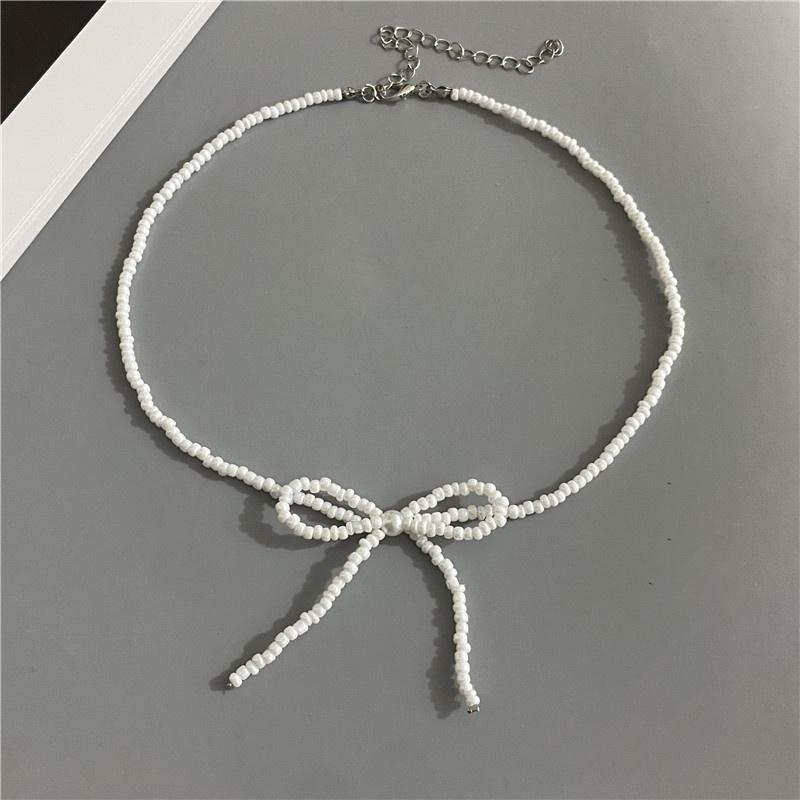 Korean Fashion Knotbow Choker Necklace for Girl Trendy Romantic Handmade Rice Beads Short Neck Jewelry Gift for Friend