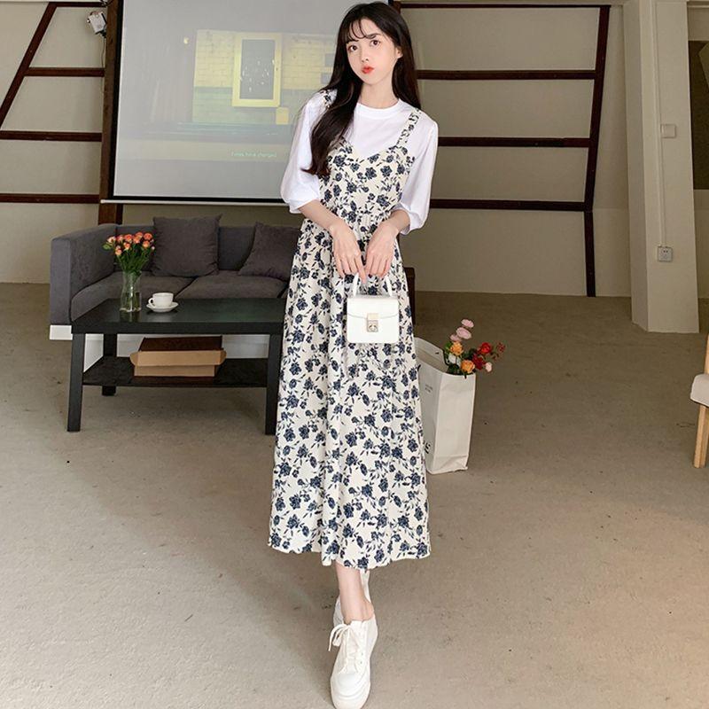 Summer Splicing Fake Two-piece Floral Strap New Dress Fashionable and Thin Loose Short-sleeved Long Dress Korean Version Skirt