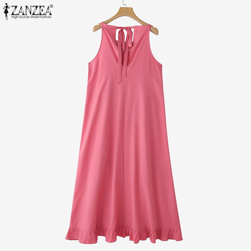 ZANZEA Womens Summer Round Neck Off Shoulder Sleeveless Long Dress