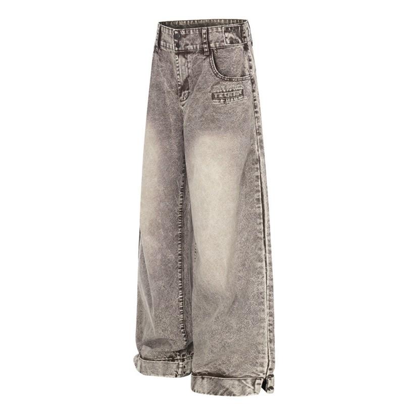 Mens Washed Distressed Wide Leg Pants Punk Retro Straight Trousers Casual Streetwear