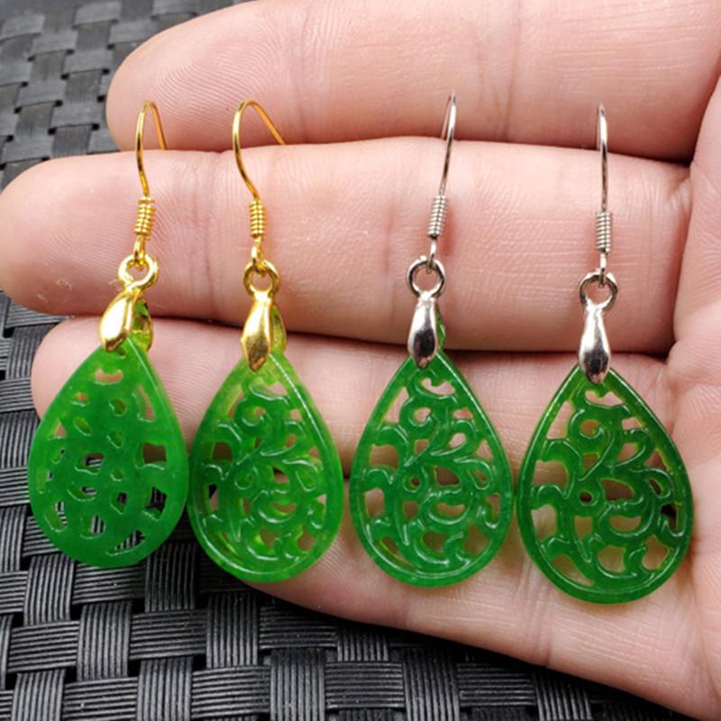 Emerald Green Jade Water Drop Earrings - Hollow Design Ear Pendants Gold Version