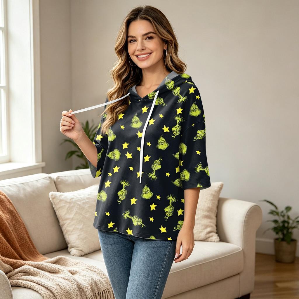 Women's Casual 3/4 Sleeve Hooded Christmas Print Top Festive Pullover T-Shirt for Holiday Outfits