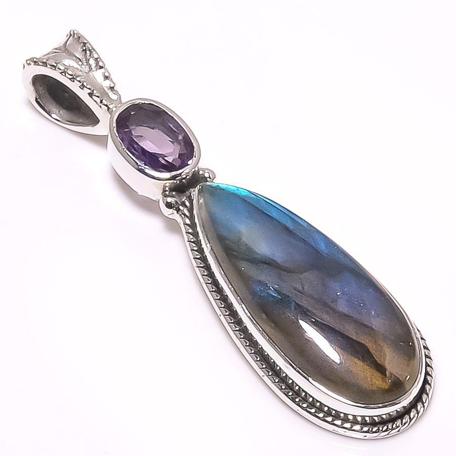 Natural Labradorite,Amethyst 925 Solid Sterling Silver Gift Pendant 1.58" b0H76